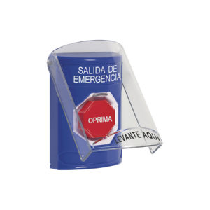 botón de salida de emergencia, texto en español, tapa protectora de policarbonato súper resistente, restablecimiento con llave