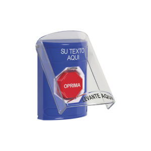botón con texto personalizado, tapa protectora de policarbonato súper resistente, restablecimiento con llave