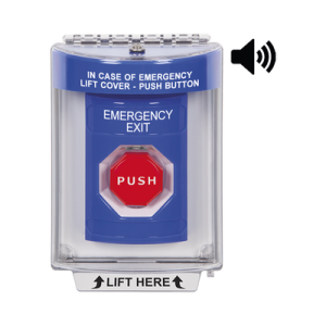 botón de salida de emergencia con bocina de advertencia integrada, interior/exterior, texto en ingles, tapa protectora de policarbonato súper resistente, neumático