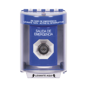 botón de salida de emergencia, texto en español, tapa protectora de policarbonato súper resistente, llave para activar