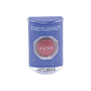 botón multipropósito, color azul, de superficie, con tapa de policarbonato, con bocina pre alarma, para interior, llave para restablecer, texto de emergencia, ingles