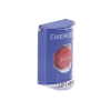 botón multipropósito, color azul, de superficie, con tapa de policarbonato, con bocina pre alarma, para interior, llave para restablecer, texto de emergencia, ingles