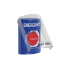 botón multipropósito, color azul, de superficie, con tapa de policarbonato, con bocina pre alarma, para interior, llave para restablecer, texto de emergencia, ingles