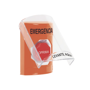 ​botón multipropósito, color naranja, de superficie, con tapa de policarbonato, con bocina pre alarma, solo interior, llave para restablecer, texto de emergencia, español