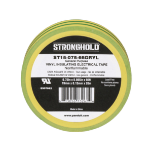 cinta eléctrica stronghold para aislar, de pvc, uso construcción general en tierras físicas, grosor de 0.13 mm (5 mil), ancho de 19.05 mm, y 20.12 m de largo, color amarillo/verde.