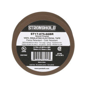 cinta eléctrica stronghold para aislar, de pvc, uso general reparación y mantenimiento, grosor de 0.18mm (7 mil), ancho de 19mm, y 20.12m de largo, color café