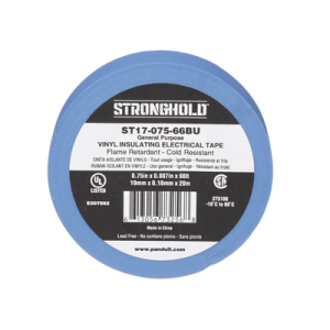 cinta eléctrica stronghold para aislar, de pvc, uso general reparación y mantenimiento, grosor de 0.18mm (7 mil), ancho de 19mm, y 20.12m de largo, color azul