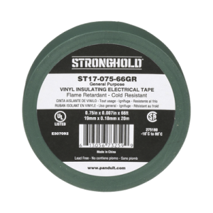 cinta eléctrica stronghold para aislar, de pvc, uso general reparación y mantenimiento, grosor de 0.18mm (7 mil), ancho de 19mm, y 20.12m de largo, color verde