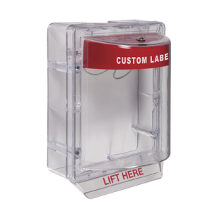 cubierta protectora serie stopper ii® de policarbonato, con bocina, espaciador transparente, montaje en superficie, etiqueta personalizada