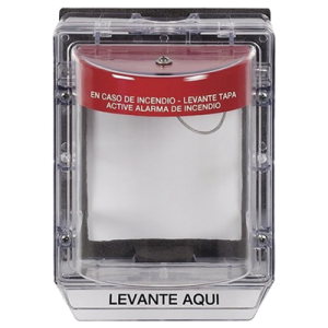 cubierta protectora de policarbonato serie stopper ii® , con bocina, con espaciador, montaje empotrado, etiqueta en español, ip54