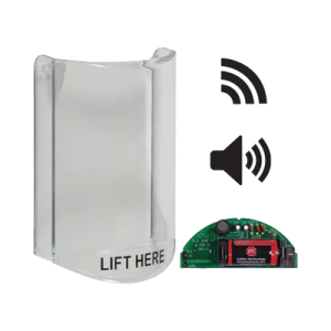 cubierta protectora de policarbonato, súper resistente, con sonido, con transmisor inalámbrico para sti v34104, texto en ingles, para botones multiusos serie stopper® station de sti