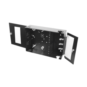 caja de conexión de fibra óptica, para montaje en pared, hasta 192 puertos lc o sc ( acepta 8 placas acopladoras), color negro