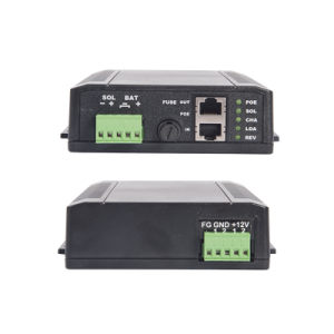 controlador solar poe, entrada 12 vcc hasta un panel solar de 125 watts, salida poe pasivo en 24 vcc hasta 20 watts máximo.