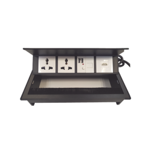 caja horizontal tipo hub para escritorio color negro, con 1 puerto hdmi hembra hembra, 1 puerto rj45 cat6, 2 puertos usb (solo carga), y 2 contactos eléctricos universales