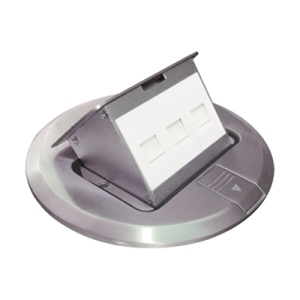 mini caja de piso redonda para datos o conectores tipo keystone, color acero inoxidable (3 contactos) (11000 12202)