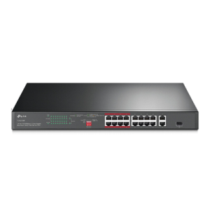 switch poe+ no administrable 16 puertos 10/100 mbps + 2 puertos 10/100/1000 mbps + 1 puerto sfp, 8 puertos extensor poe (hasta 250 m), 150w, diseño para vigilancia ip