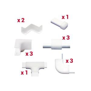kit de accesorios para la canaleta tmk0812, el paquete incluye 13 piezas en total, son 2 esquineros exteriores, 3 esquineros interiores, 3 secciones "l", 3 piezas de unión, 1 sección "t" y 1 tapa final.