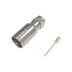 conector f macho en 75 ohm, plegable para instalar en cables coaxiales rg 11, cuerpo de bronce niquelado/ teflón.