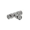 adaptador de triple conectores bnc macho para uso en sistemas de video vigilancia en aplicación con cables coaxiales rg 59/ rg 6, níquel/ oro/ politetrafluoroetileno.