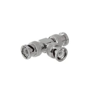 adaptador de triple conectores bnc macho para uso en sistemas de video vigilancia en aplicación con cables coaxiales rg 59/ rg 6, níquel/ oro/ politetrafluoroetileno.