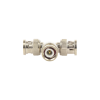 adaptador de triple conectores bnc macho para uso en sistemas de video vigilancia en aplicación con cables coaxiales rg 59/ rg 6, níquel/ oro/ politetrafluoroetileno.