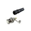 conector bnc macho en 75 ohm, para cable coaxial rg 59 / con base de alivio negra de pvc, níquel/ oro/ ptfe.