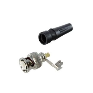 conector bnc macho en 75 ohm, para cable coaxial rg 59 / con base de alivio negra de pvc, níquel/ oro/ ptfe.