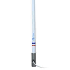 antena marina vhf en fibra de vidrio con base de acero inoxidable en rango de 156 a 163 mhz. incluye 10 metros de cable y conector pl 259 macho.