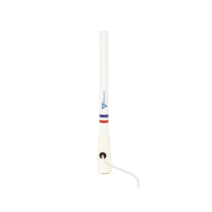 antena marina vhf en fibra de vidrio en rango de 156 a 163 mhz, incluye 4.5 metros de cable y conector pl 259 macho.