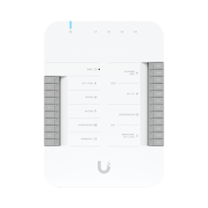 unifi access hub door, puede conectar 2 lectores y 2 cámaras (no incluidos) para controlar solo una puerta / 2 terminales aux y 4 entradas adicionales (sensores y botones) poe 802.3bt no incluido