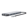 adaptador hub 9 en 1, 1 puerto usb c entrada, 1 puerto hdmi 4k, 1 puerto ethernet gigabit, 1 puerto sd y microsd, 1 puerto usb c y 3 puertos usb a