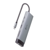 adaptador hub 9 en 1, 1 puerto usb c entrada, 1 puerto hdmi 4k, 1 puerto ethernet gigabit, 1 puerto sd y microsd, 1 puerto usb c y 3 puertos usb a