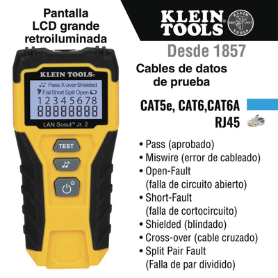 tester de cable lan scout™ jr. 2/ para: prueba aprobada/ error de cableado/ falla de circuito abierto o cortocircuito/ par dividido/ blindaje. tester de cable lan scout™ jr. 2/ para: prueba aprobada/ error de cableado/ falla de circuito abierto o cortocircuito/ par dividido/ blindaje.