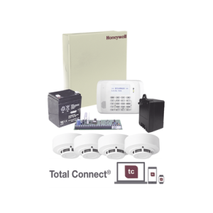 kit de panel de alarma vista48la con gabinete, batería y transformador / 4 sensores de humo