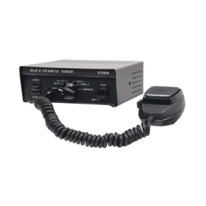 sirena vehicular de 100w de potencia, con switch giratorio de 6 posiciones y micrófono integrado de uso rudo