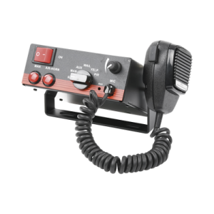 sirena vehicular de 100w de potencia, con switch giratorio de 6 posiciones, micrófono de uso rudo e interconexión a radio