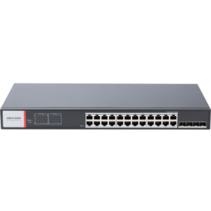 switch gigabit poe+ / administrable / 24 puertos 1000 mbps poe+ / 4 puertos sfp / configuración nube hik partnerpro / modo extendido hasta 300 metros / 370 w