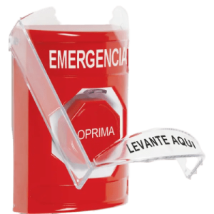 ​​botón multipropósito, color rojo, de superficie, con tapa de policarbonato, con bocina pre alarma, solo interior, llave para restablecer, texto de emergencia, español