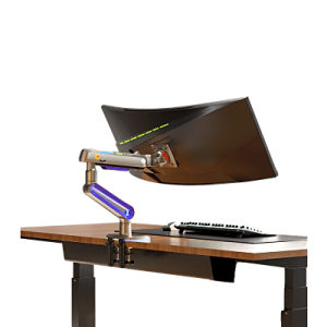 montaje de escritorio ideal para monitores gaming de 32" 60" / capacidad de carga maxima 20 kg / vesa 75 x 75 100 x 100 / acero / giro 360° / color carbon mate con cubierta plastica color morado / iluminación rgb