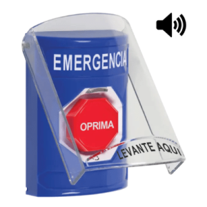 botón multipropósito, color azul, de superficie, con tapa de policarbonato, con bocina, para interior, girar para restablecer, texto de emergencia, español