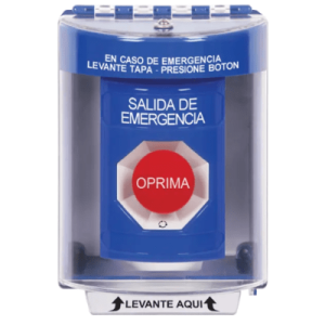 botón multipropósito, color azul, de superficie, con tapa de policarbonato, sin bocina, para interior/exterior, llave para restablecer, texto salida de emergencia, español