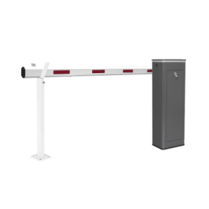 kit de barrera vehicular izquierda y brazo telescópico de hasta 5.5 m / finales de carrera ajustables por programación / movimiento fluido / diseño elegante color gris / con corona led semaforizada