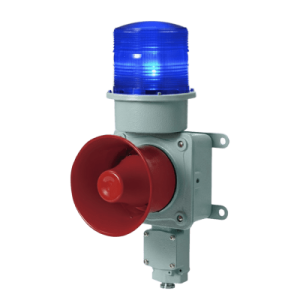 combinación de baliza led color azul con sirena electrónica para aplicaciones de la industria pesada máx.114 db a 220 vca