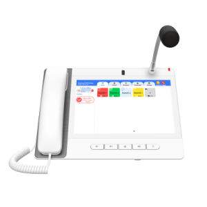 teléfono ip color blanco android 9.0 empresarial para voceo 20 líneas sip, pantalla táctil, wi fi y bluetooth, poe, voceo/ musica por multicast, puertos gigabit, sofware de enfermeria