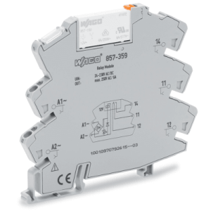 módulo con relé wago 857 359 / 24v ... 230v ac/dc / corriente permanente límite 6 a / un inversor / indicador de estado amarillo / montaje en carril din 35 / aislamiento reforzado