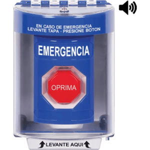 ​botón multipropósito, color azul, de superficie con espaciador, c/tapa de policarbonato, c/bocina pre alarma, interior/exterior, llave para restablecer, texto de emergencia, español