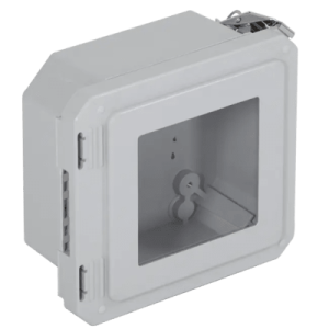 caja impermeable de fibra de vidrio, 6.77" (17.19cm) alto x 6.77" (17.19cm) ancho x 4.06" (10.31cm) profundidad, con ventanilla, listado ul/cul, hecho en ee.uu, serie enviroarmour®