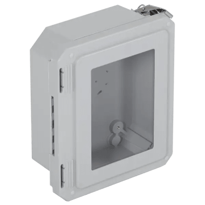 caja impermeable de fibra de vidrio, 8.77" (22.27cm) alto x 6.77" (17.19cm) ancho x 4.06" (10.31cm), con ventanilla, listado ul/cul, hecho en ee.uu, serie enviroarmour® caja impermeable de fibra de vidrio, 8.77" (22.27cm) alto x 6.77" (17.19cm) ancho x 4.06" (10.31cm), con ventanilla, listado ul/cul, hecho en ee.uu, serie enviroarmour®