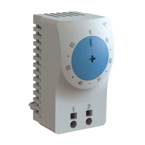 termostato/interruptor para control de temperatura en grados celsius, para uso con ventiladores, con terminales de conexión, y clip para riel din de 35 mm, color gris claro