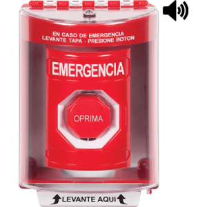 ​botón multipropósito, color rojo, de superficie con espaciador, c/tapa de policarbonato, c/bocina pre alarma, interior/exterior, llave para restablecer, texto de emergencia, español